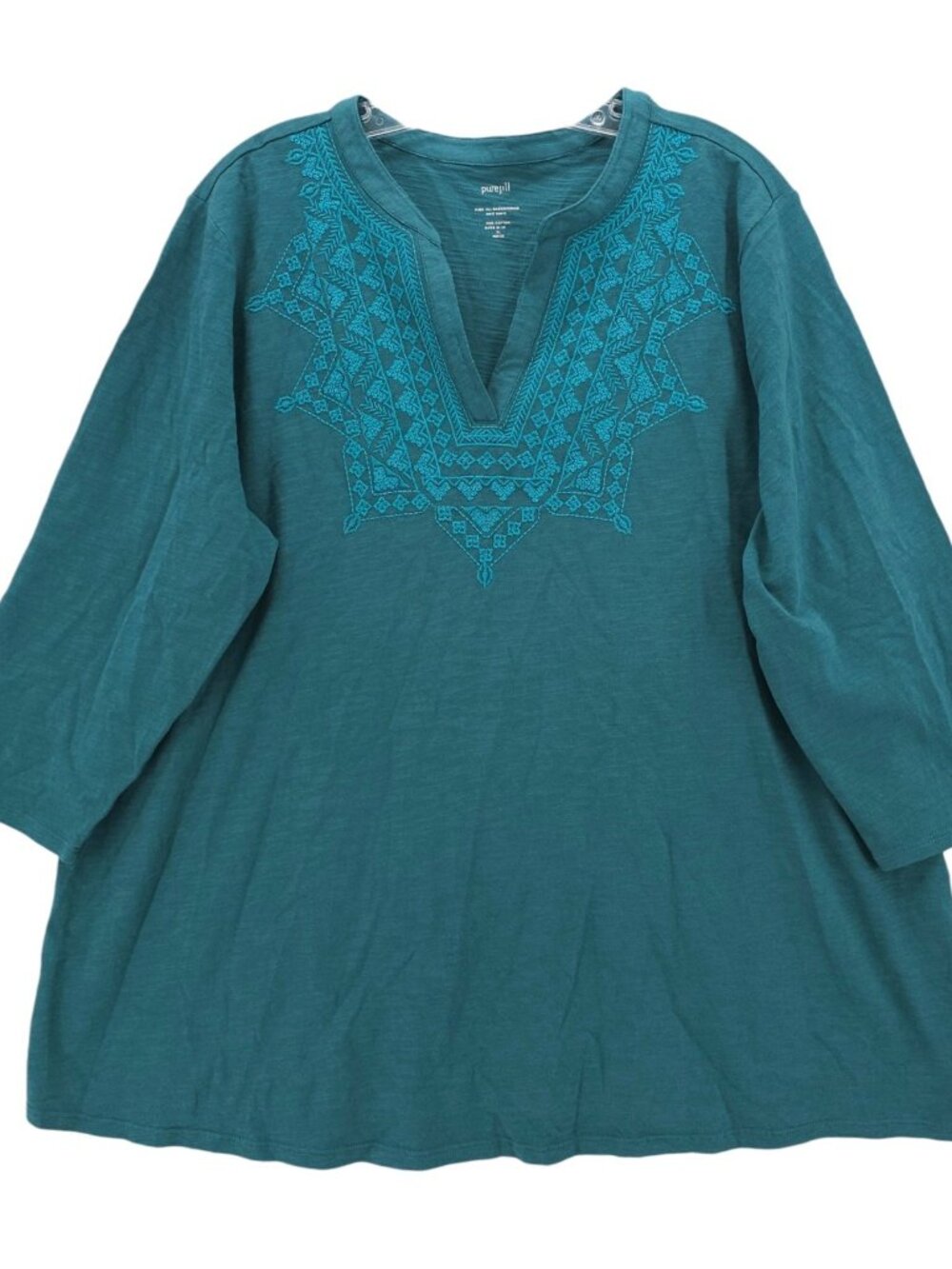 J. JILL Purejill Embroidered Knit Tunic Top Teal 3/4 Sleeve Size XL PETITE